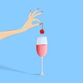 Womans hand puts a cherry in a cocktail, isolated on th blue background, square vector illustration Royalty Free Stock Photo