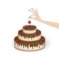 Womans hand puts a cherry on top of cake, isolated on the white background, square vector illustration