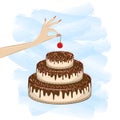 Womans hand puts a cherry on top of a cake on th white blue background, square vector illustration Royalty Free Stock Photo