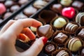 Womans hand takes chocolate candy in shape of heart from box of chocolates Royalty Free Stock Photo