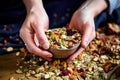 womans hands creating a trail mix recipe