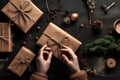 Womans hands holding a box with Christmas present. Wrapping Christmas gifts on Christmas eve. Using craft paper for packaging.