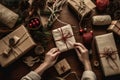 Womans hands holding a box with Christmas present. Wrapping Christmas gifts on Christmas eve. Using craft paper for packaging.