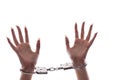 Womans hands in iron handcuffs