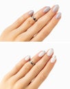 Womans hands before and after manicure correction procedure Royalty Free Stock Photo