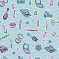 Womans item stuff for beauty fashion makeup, patches seamless pattern