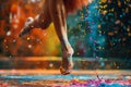 Womans Legs and Feet Covered in Colorful Confetti