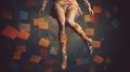 Womans legs floating through a dark background, wearing patterned stockings and dress