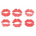 Womans lip dotted set. Girl mouths close up with red lipstick makeup. EPS vector.