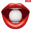 Womans open mouth with golf ball in lips.
