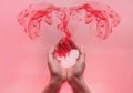 Womans palms pressed together and keep embryo from paper. Red lood comes from the baby in the form of fallopian tubes. Pink Royalty Free Stock Photo