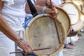 Womans percussionists playing drums during folk samba performance o Royalty Free Stock Photo