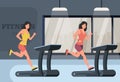 Womans running on a treadmill in a fitness club or gym. sport fitness concept. Vector illustration in modern style. Guy and girl Royalty Free Stock Photo