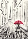 Womans silhouette with red umbrella against urban landscape and Eiffel Tower in Paris. Hand drawn oil pastel on black paper.