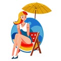 Womansiting on beach chair at beach. Female blonde emotionally surprised and posing having rest near sea. Relaxed girl Royalty Free Stock Photo