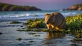 Quokka Foraging on Rottnest Island Beach at Sunset with soft Sunlight Royalty Free Stock Photo