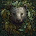 A Wombat Head Wrapped In Green Leaves On A Background Of Leaves. Generative AI