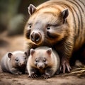 Wombat mum with her cute babies - ai generated image