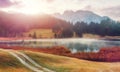 Womderful Autumn landscape. Road on meadow with grass on top view. Fairy Alpine lake Geroldsee with morning fog under sunlit. Royalty Free Stock Photo