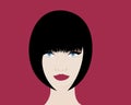 wome Face and head, red lips blue eyes-bob hair in red background colour