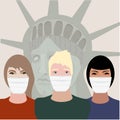 Young New Yorkers in medical masks on the background of the Statue of Liberty Royalty Free Stock Photo