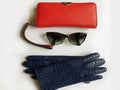 Women Accessories l  Leather  gloves sunglasses red  purse fashion Spring Autumn Womens Accessories  clothes concept Royalty Free Stock Photo