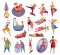 Women activities set. Young women doing sports, yoga, relaxing, walking, sunbathing, singing vector illustration