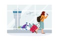 Women in airport. Cartoon passenger rolls suitcase on wheels. Female with tickets going to board. Character carrying