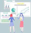 Female employees work with data analysis. Women analysing diagrams, statistical presentation