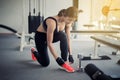 Women asian tying shoe laces. fitness women getting ready for en Royalty Free Stock Photo