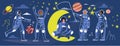 Women astronaut in spacesuit space vector line illustration banner. Female cosmonaut on Moon. Girl spaceman in space