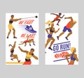 Women athletics set of banners vector illustration. Exercising female in different poses. Woman figures are training in