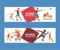 Women athletics set of banners vector illustration. Gymnastics training. Exercising female in different poses. Woman