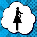 Women and baby sign. Vector. Black icon in bubble on blue pop-art background with rays.. Illustration. Royalty Free Stock Photo