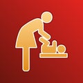 Women and baby symbol, baby changing. Golden gradient Icon with contours on redish Background. Illustration.
