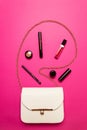 Women bag stuff female cosmetic accessories Royalty Free Stock Photo