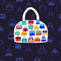 Women bags and handbags. Fashion Pattern on dark blue backgrou Royalty Free Stock Photo