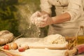 Women baker hands mixing,recipe kneading preparation dough and making bread Royalty Free Stock Photo