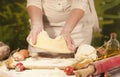 Women baker hands recipe flour pasta butter tomato preparation dough and making bread Royalty Free Stock Photo