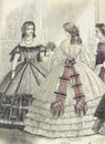 Women at a ball wearing Victorian era dresse