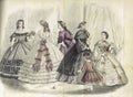 Women at a ball wearing Victorian era dresse