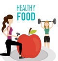 Women with barbell dumbbell and apple health food