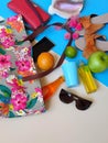 Women beachwear accessories Relax Girl bikini handbag bags sunglasses summer holiday travel mobile Royalty Free Stock Photo