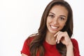 Women, beauty, emotions concept. Happy ambitious young silly girl with freckles in red t-shirt, tilt head joyfully