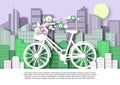 Women bicycle with flower basket, city building silhouettes, vector paper cut illustration. City eco transport poster.