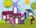 Women with bicycle monocycle solar panel turbine wind houses countryside ecology Royalty Free Stock Photo