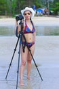 Women bikini body pretty with camera Royalty Free Stock Photo