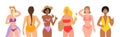 Women in bikini multiracial set isolated on white background. Happy body positive women in swimwear cut out eps10 Royalty Free Stock Photo