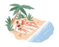 Women in bikini sunbathing on sand beach. Female friends relaxing on sunloungers at seaside resort. People resting by