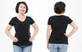 Women black blank t shirt, front and back rear view isolated on white background. Template shirt, copy space and mock up for print